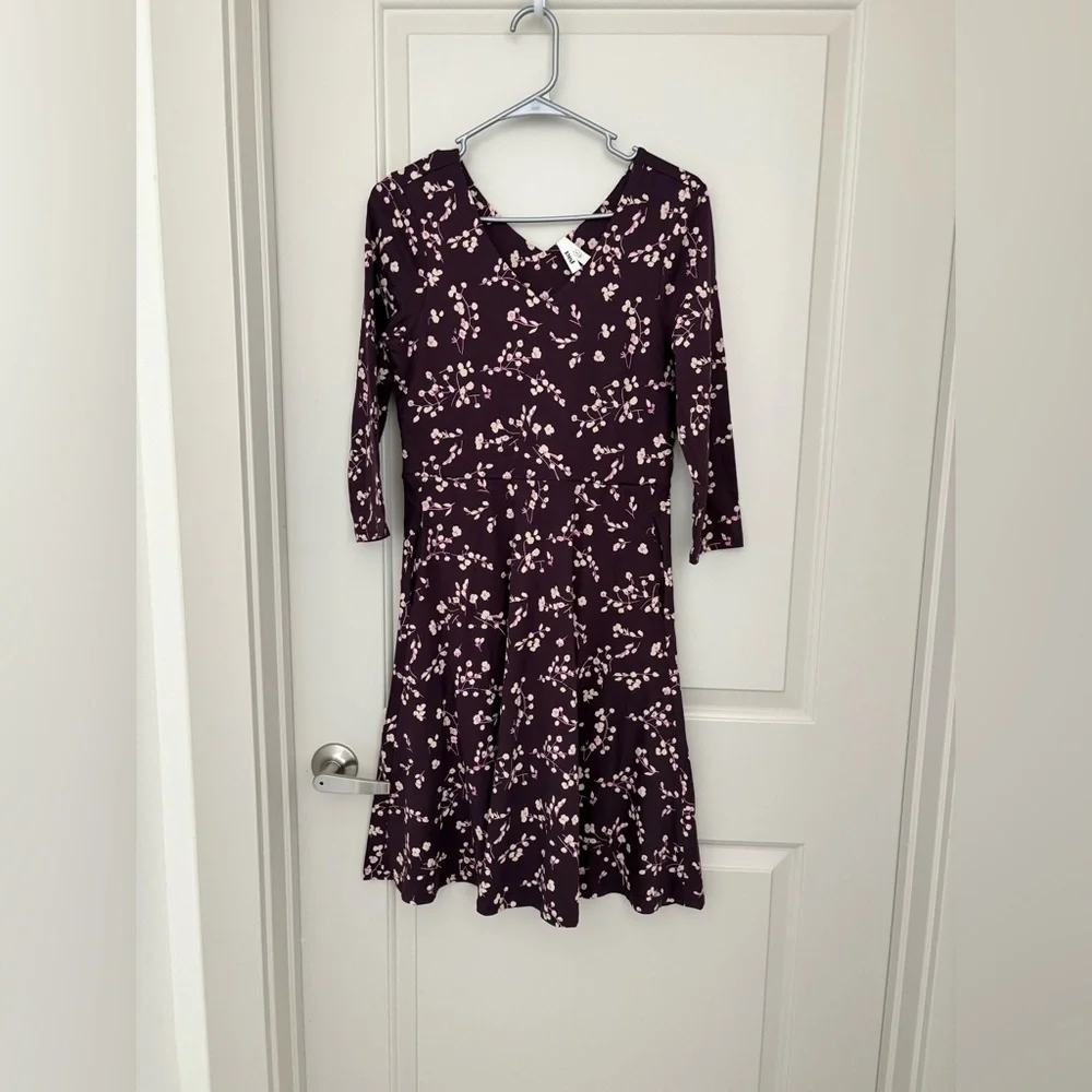 Pact Floral V-Neck Fit & Flare Dress in Plum Floral Print NWOT Size S